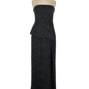 Black Halo Eve Black and Grey Marble Strapless Peplum High Slit Gown Sz. 6 *EUC